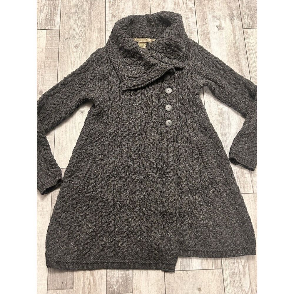 Inis Crafts Cable Knit Long Button Up Cardigan Womens Small Merino Wool Ireland‎